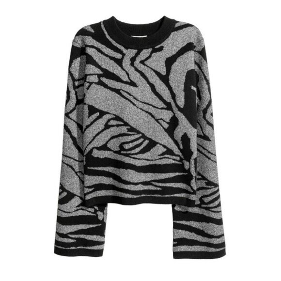 H&M Black & Silver Jacquard Knit Mock Neck Bell Sleeve Sweater - Picture 2 of 3
